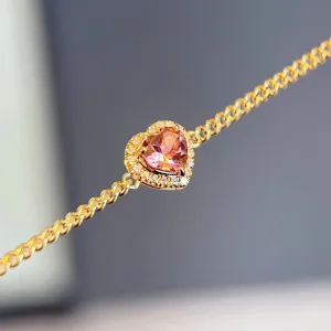 18K Solid Gold Miami Cuban Chain Bracelet Natural Tourmaline Diamond Heart Elegant Jewelry