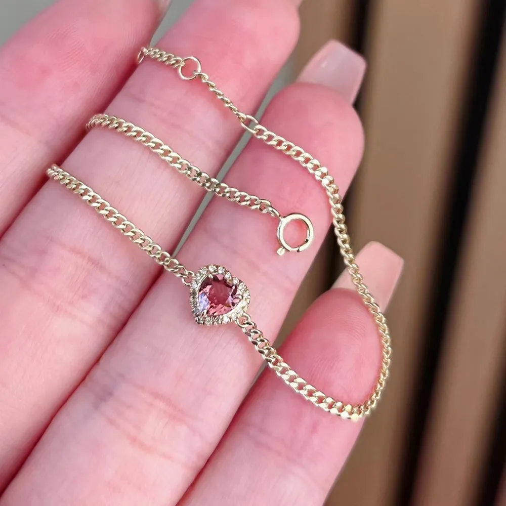 18K Solid Gold Miami Cuban Chain Bracelet Natural Tourmaline Diamond Heart Elegant Jewelry