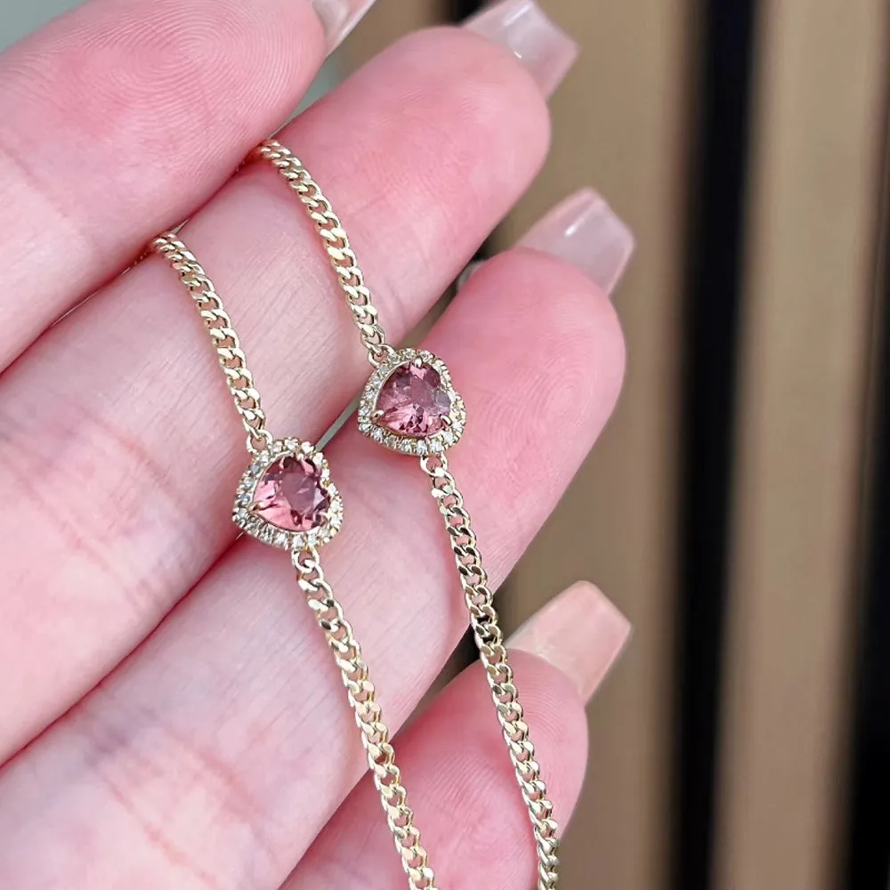 18K Solid Gold Miami Cuban Chain Bracelet Natural Tourmaline Diamond Heart Elegant Jewelry