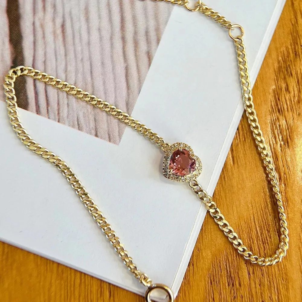 18K Solid Gold Miami Cuban Chain Bracelet Natural Tourmaline Diamond Heart Elegant Jewelry