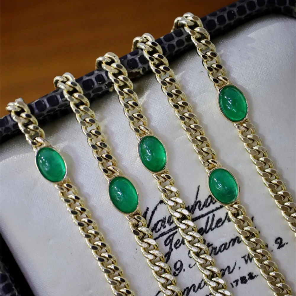 18K Solid Gold Miami Cuban Chain Natural Emerald Bracelet Elegant Jewelry 6.7"