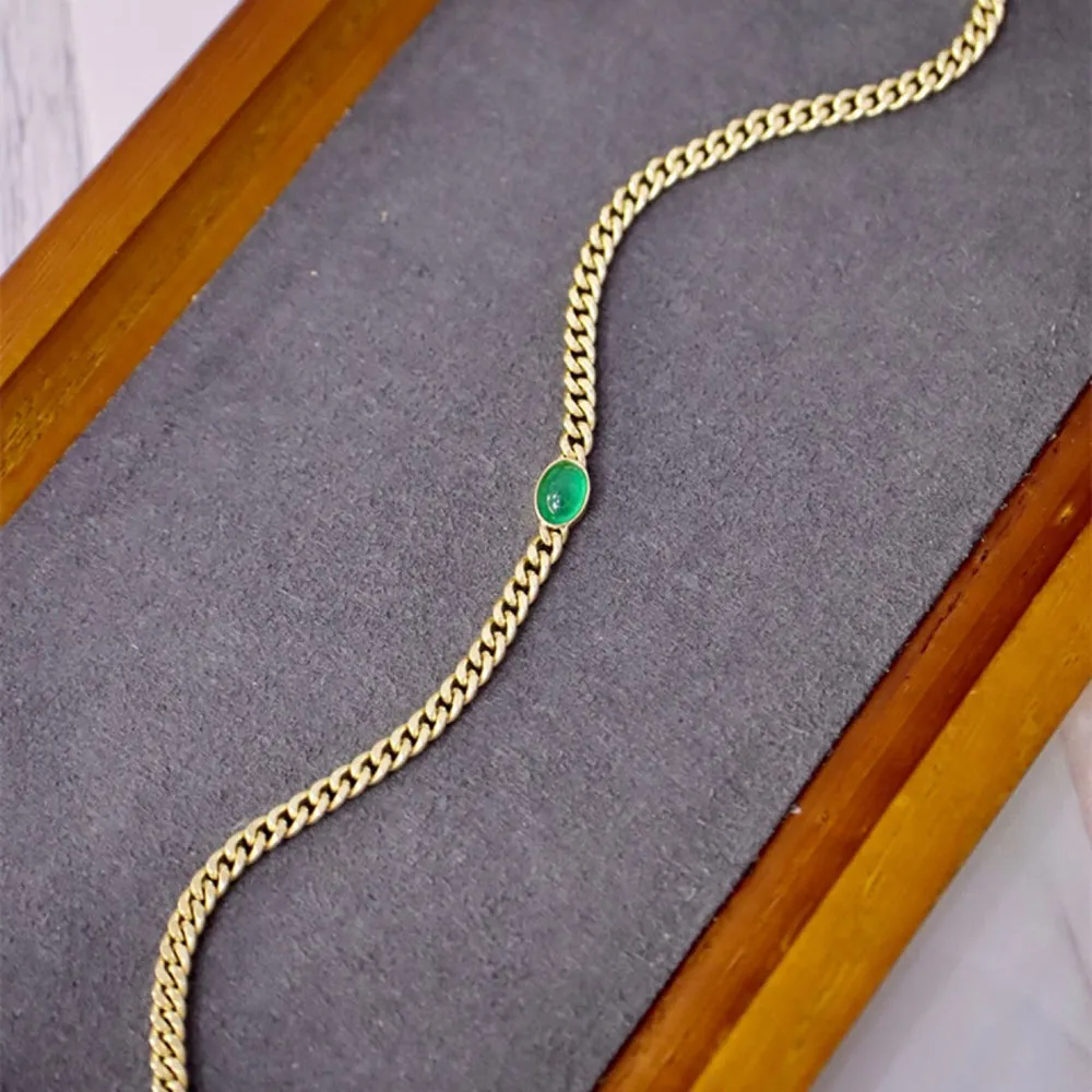 18K Solid Gold Miami Cuban Chain Natural Emerald Bracelet Elegant Jewelry 6.7"