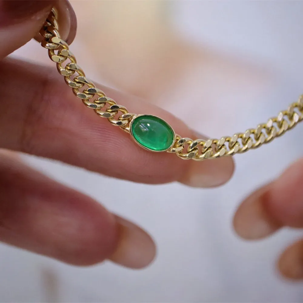 18K Solid Gold Miami Cuban Chain Natural Emerald Bracelet Elegant Jewelry 6.7"
