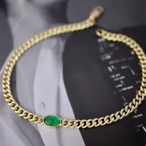18K Solid Gold Miami Cuban Chain Natural Emerald Bracelet Elegant Jewelry 6.7"