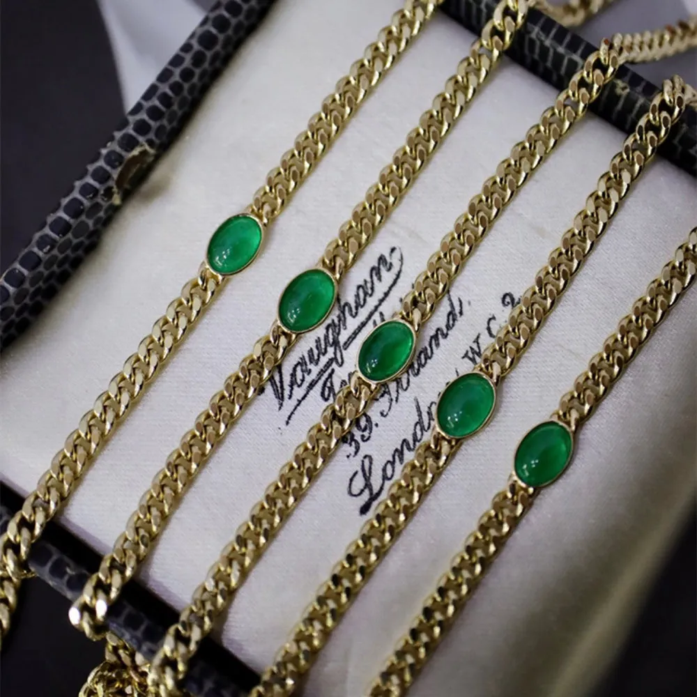 18K Solid Gold Miami Cuban Chain Natural Emerald Bracelet Elegant Jewelry 6.7"