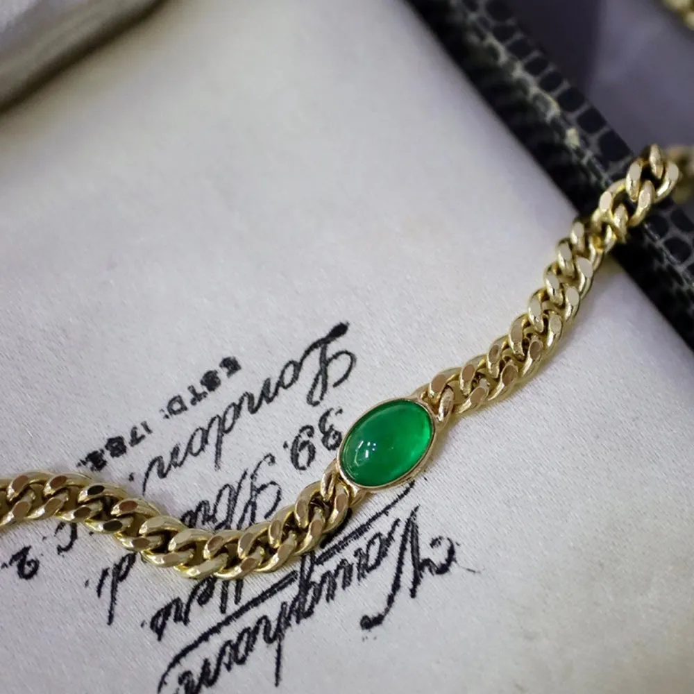 18K Solid Gold Miami Cuban Chain Natural Emerald Bracelet Elegant Jewelry 6.7"