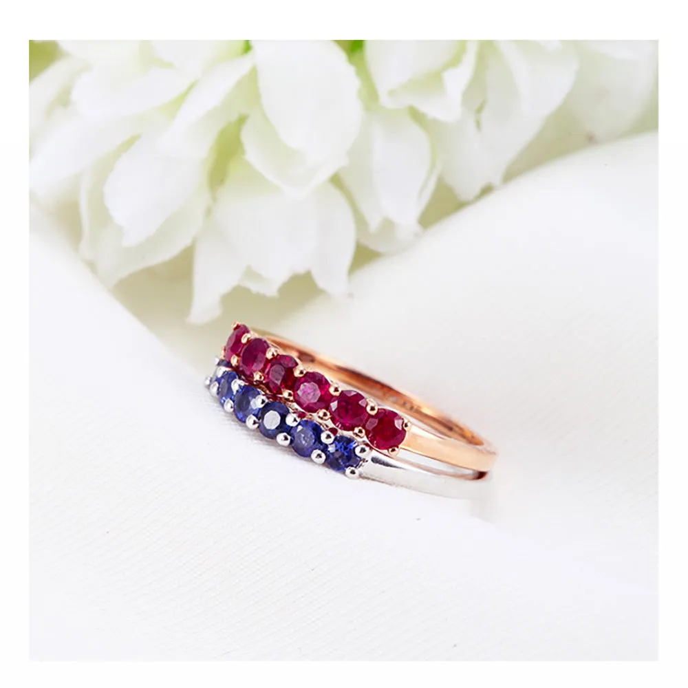 18K Solid Gold Natural Round Ruby Sapphire Ring Charm Elegant Jewelry Size 5-9
