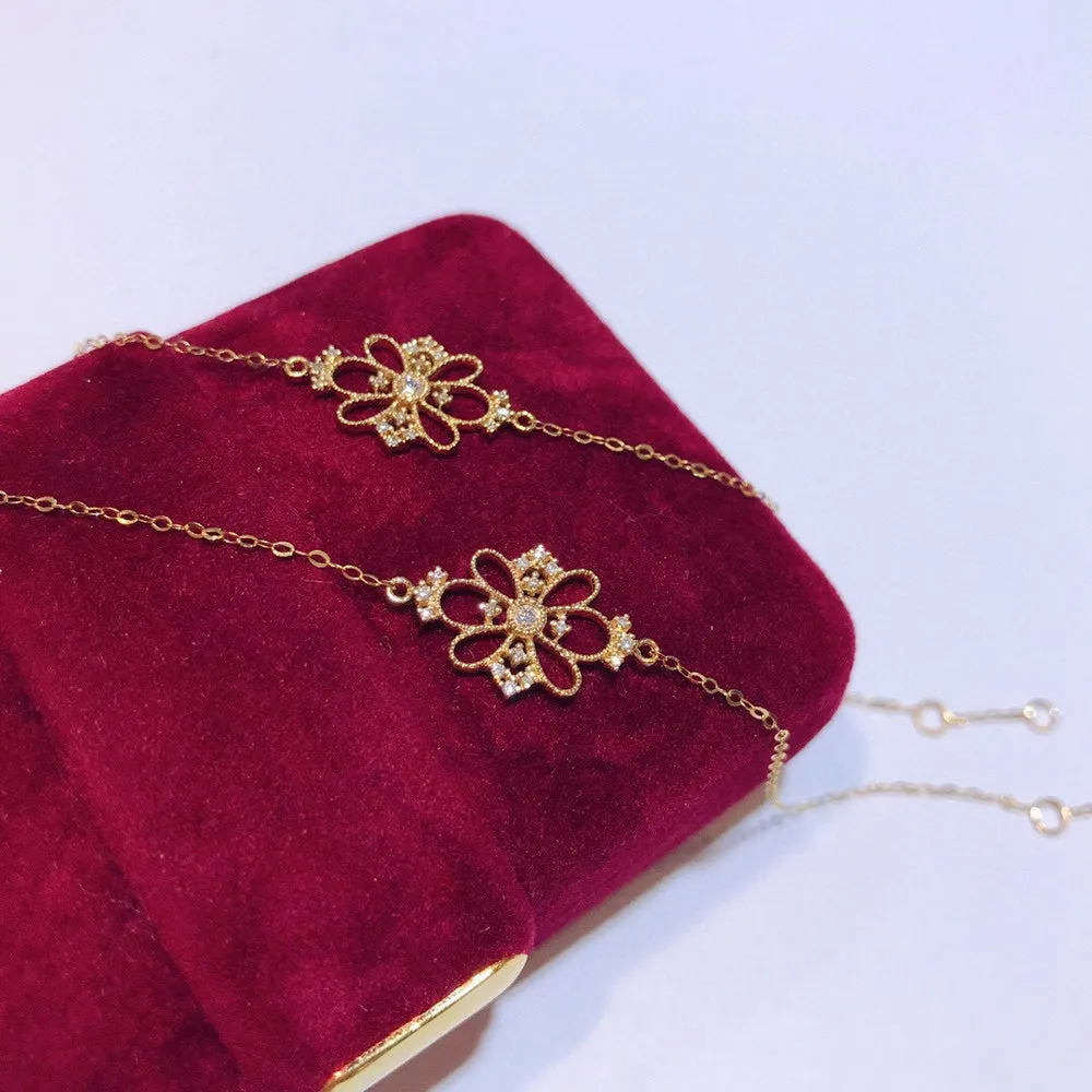 18K Solid Gold O Chain Natural Diamond Bracelet Flower Charm Elegant Jewelry