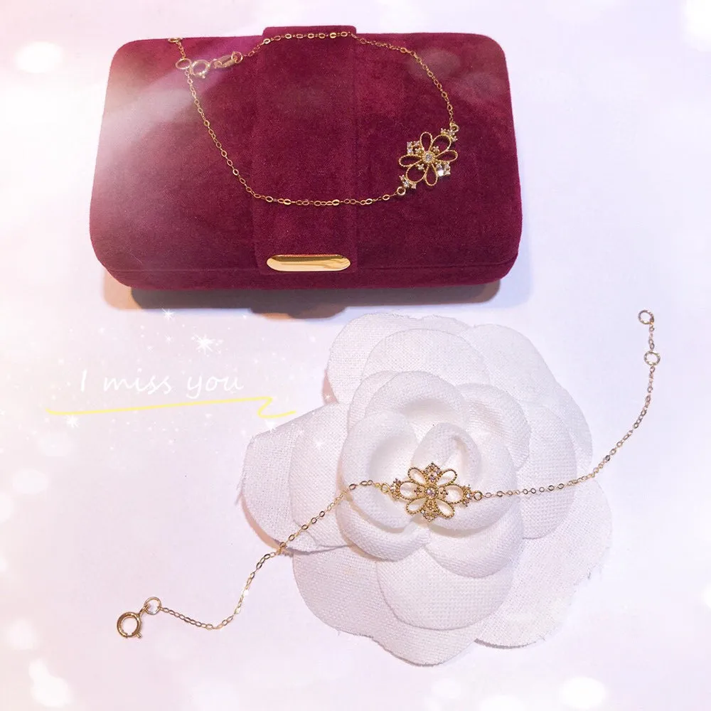 18K Solid Gold O Chain Natural Diamond Bracelet Flower Charm Elegant Jewelry
