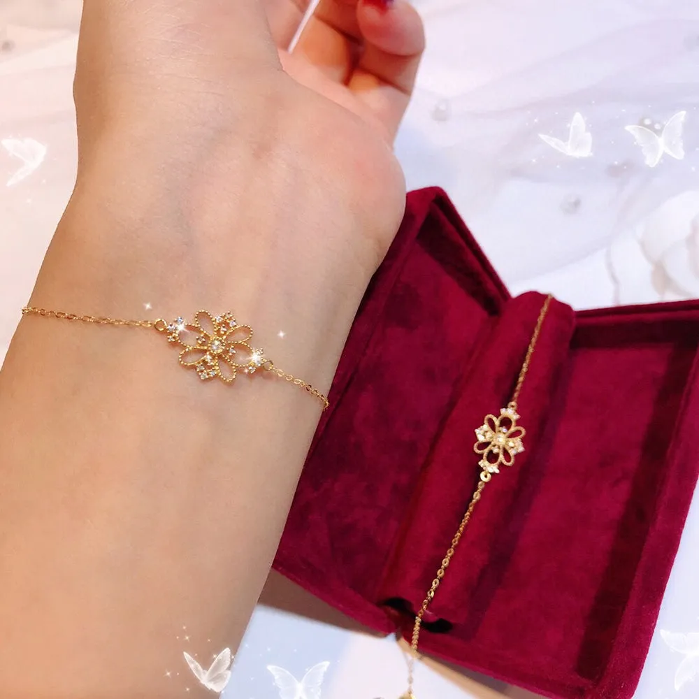 18K Solid Gold O Chain Natural Diamond Bracelet Flower Charm Elegant Jewelry