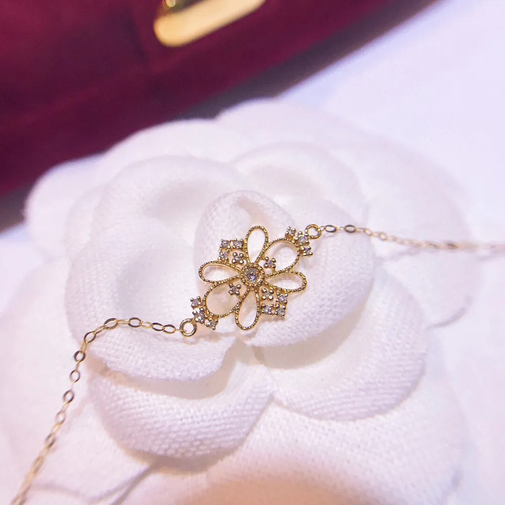 18K Solid Gold O Chain Natural Diamond Bracelet Flower Charm Elegant Jewelry