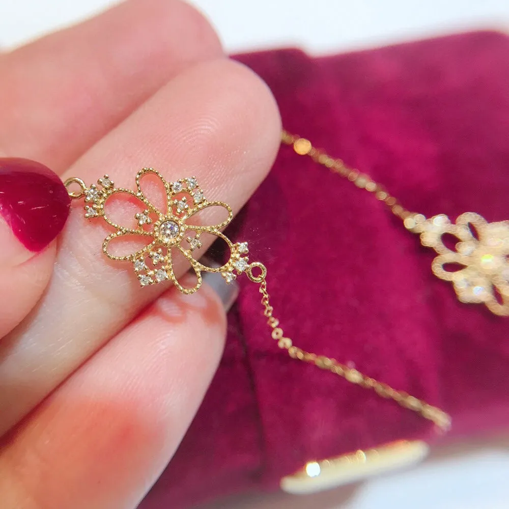 18K Solid Gold O Chain Natural Diamond Bracelet Flower Charm Elegant Jewelry