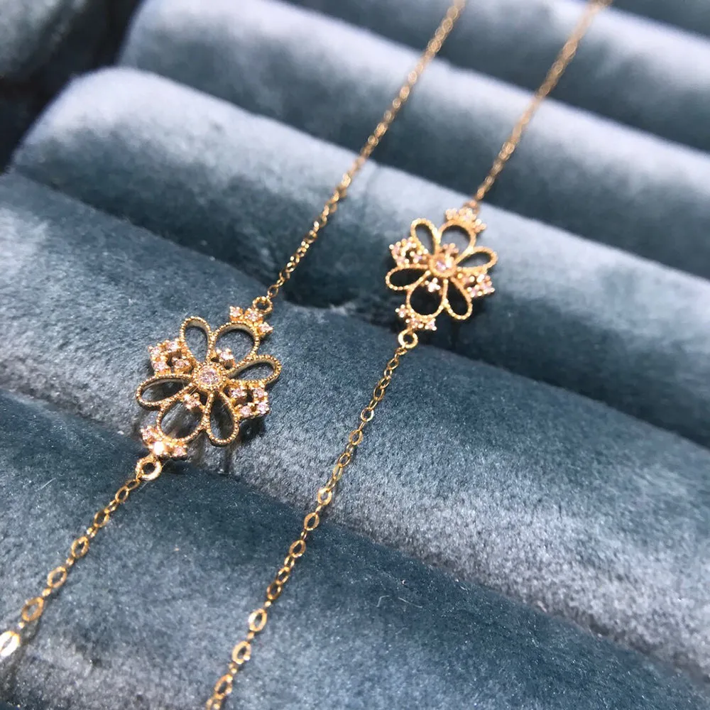 18K Solid Gold O Chain Natural Diamond Bracelet Flower Charm Elegant Jewelry