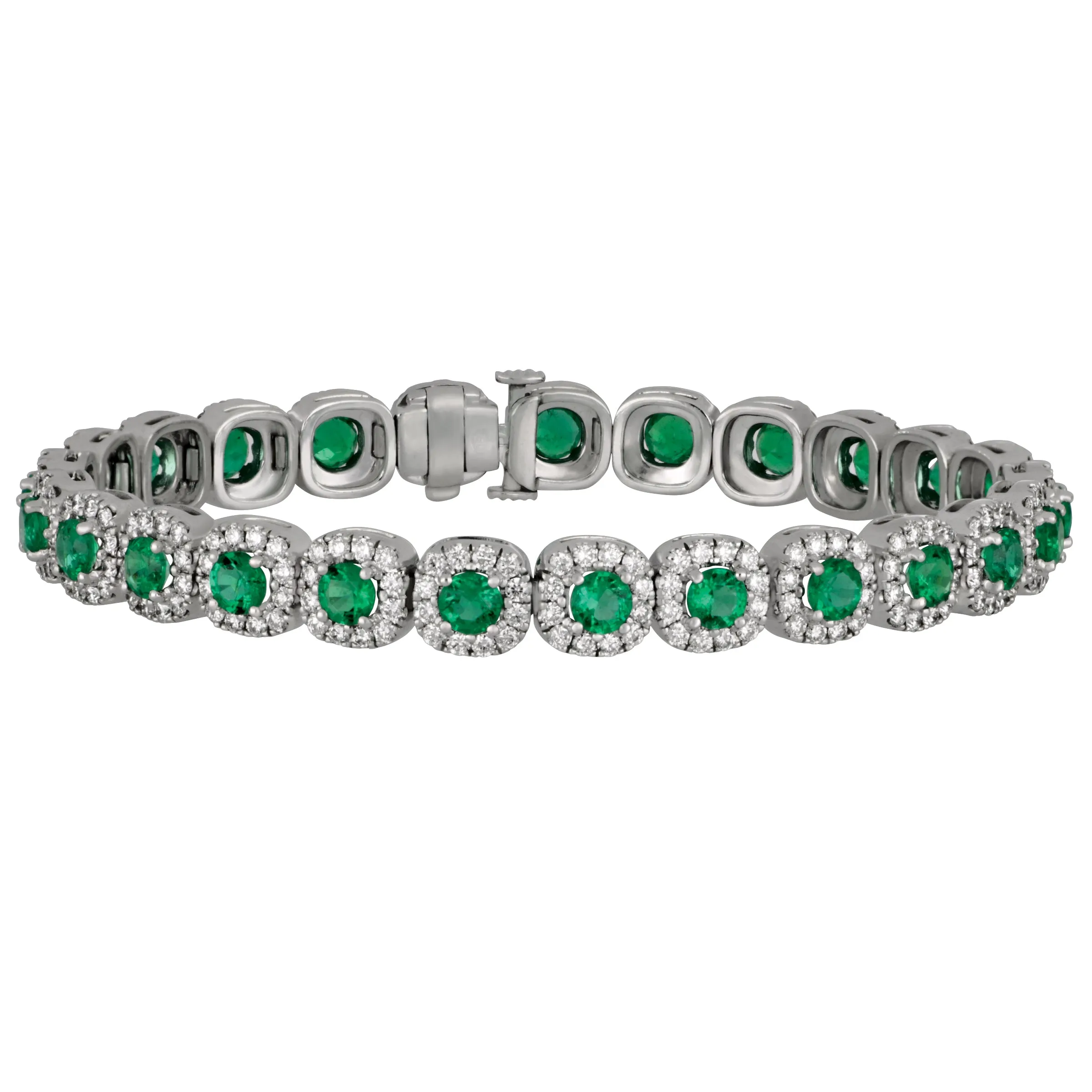 18k White Gold 7" Emerald with Diamond Halo Bracelet, 25Em=4.89tw, Dias=3.80tw GH/SI1-VS2