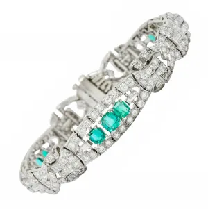 1950's Mid-Century 9.55 CTW Emerald Diamond Platinum Scrolled Link Bracelet
