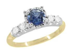 1950's Vintage Style Mid Century Cornflower Blue Sapphire Engagement Ring with Side Diamonds in Mixed Metal 14K Yellow & White Gold