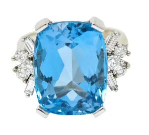 1960's Vintage Blue Topaz Diamond 14 Karat White Gold Cocktail Ring