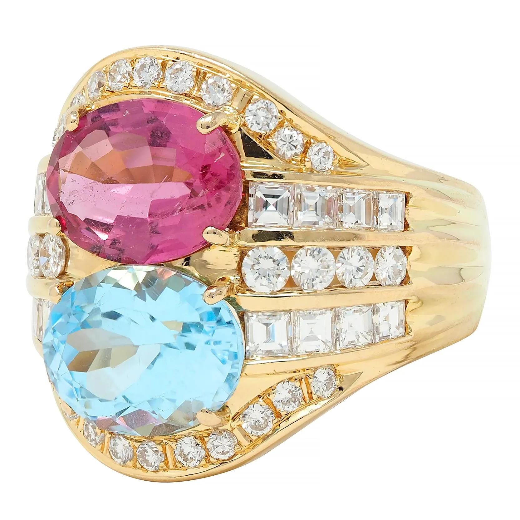 1980s 8.55 CTW Tourmaline Topaz Diamond 18 Karat Yellow Gold Vintage Cluster Ring