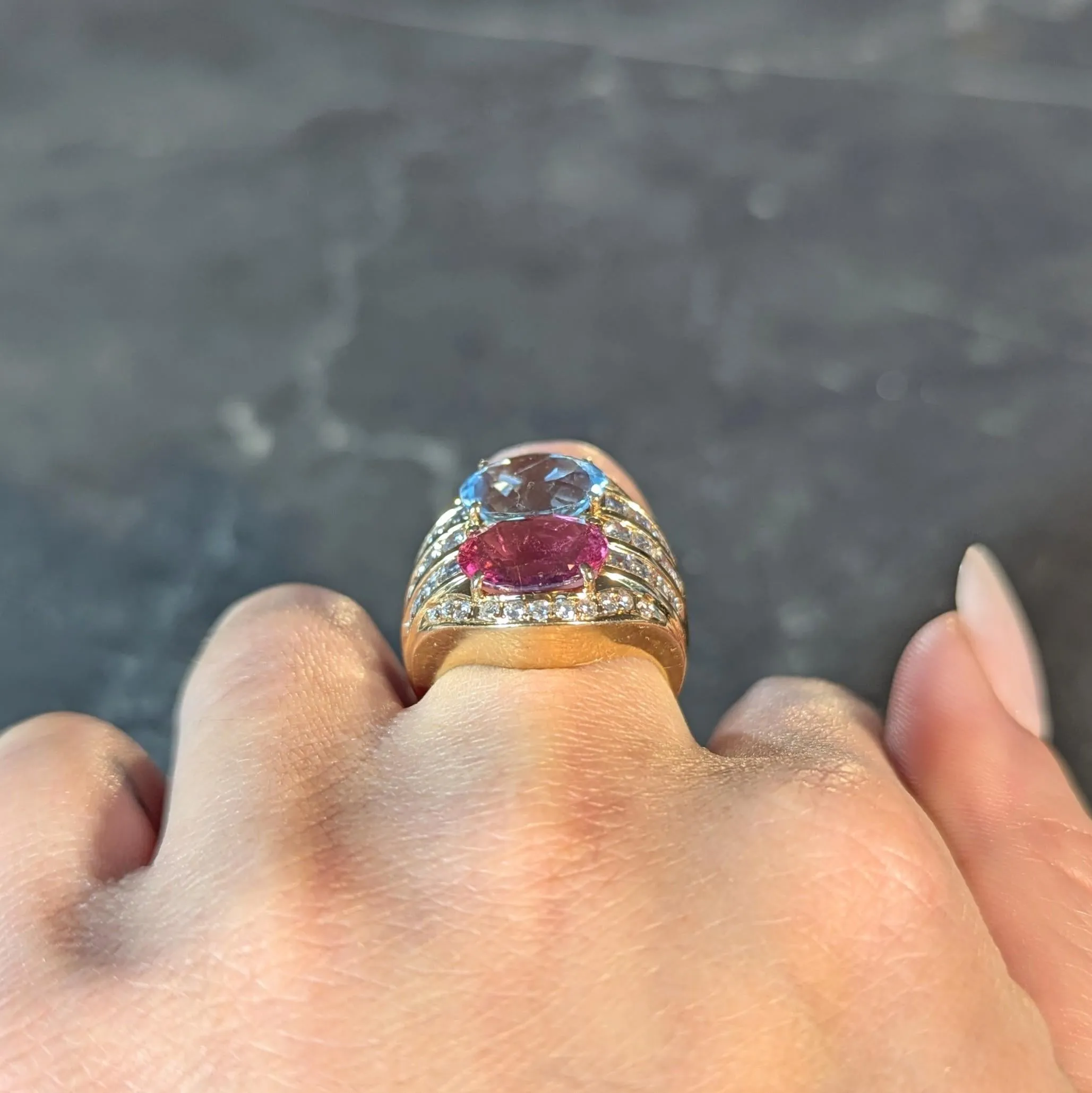 1980s 8.55 CTW Tourmaline Topaz Diamond 18 Karat Yellow Gold Vintage Cluster Ring