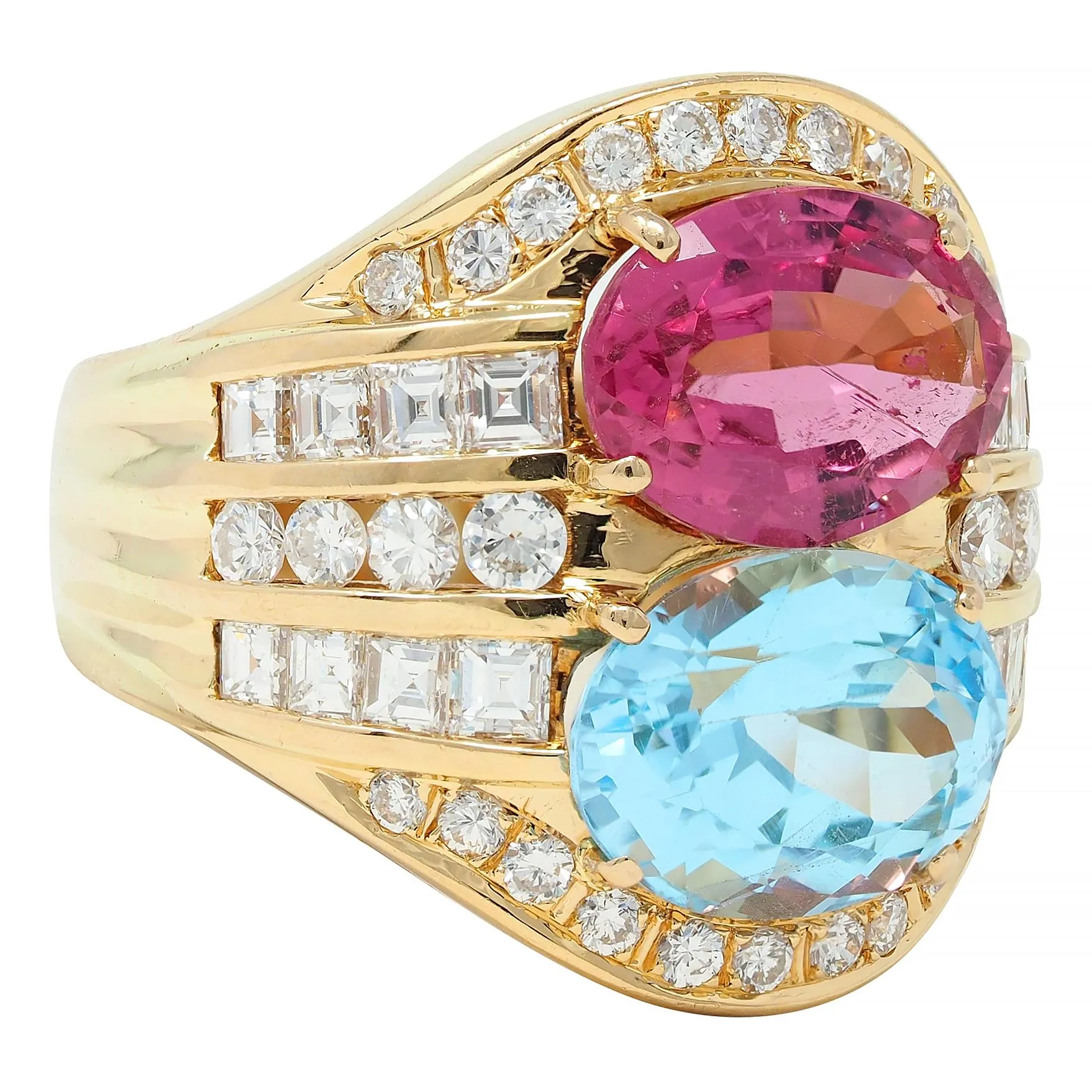 1980s 8.55 CTW Tourmaline Topaz Diamond 18 Karat Yellow Gold Vintage Cluster Ring