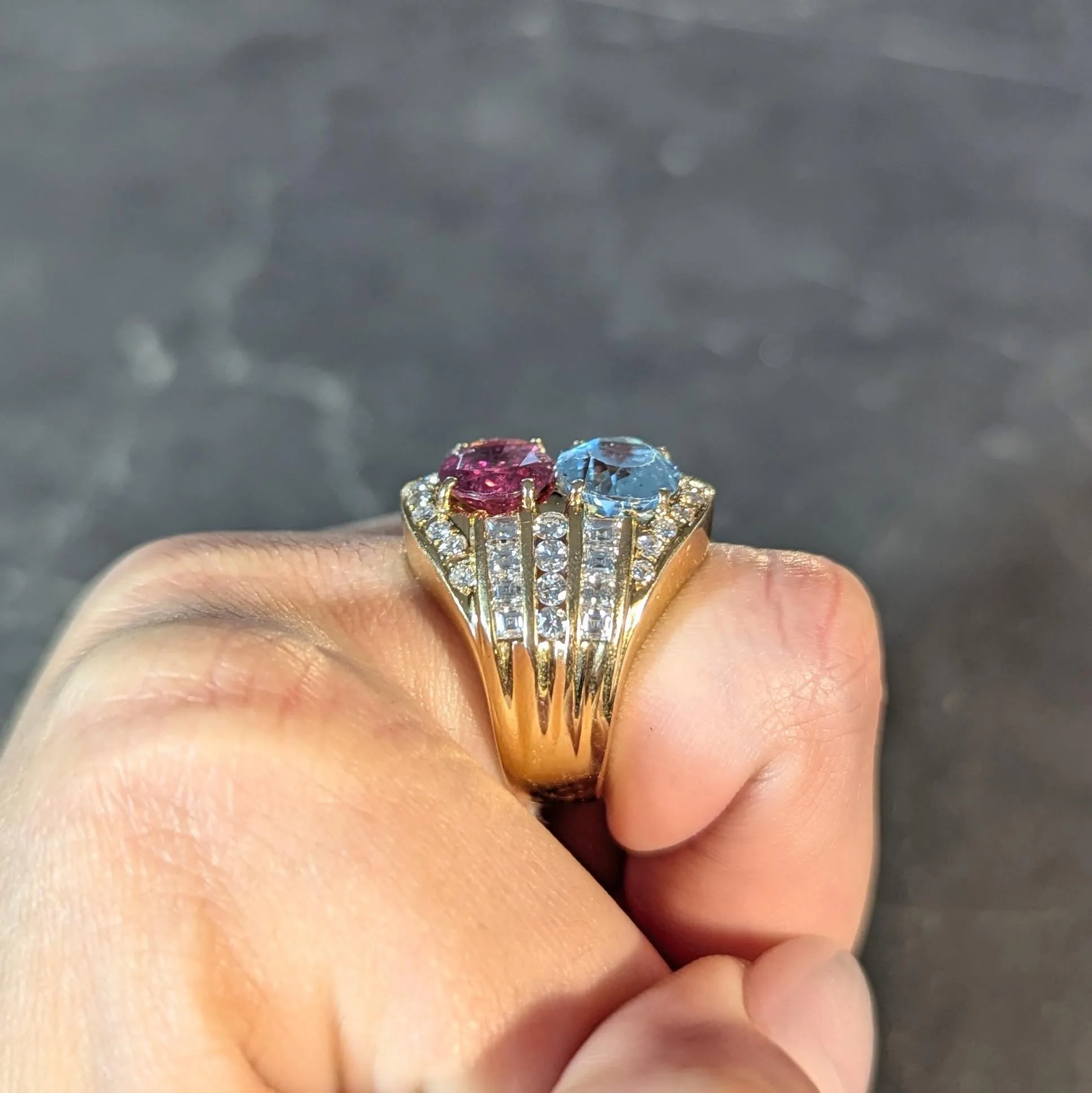 1980s 8.55 CTW Tourmaline Topaz Diamond 18 Karat Yellow Gold Vintage Cluster Ring