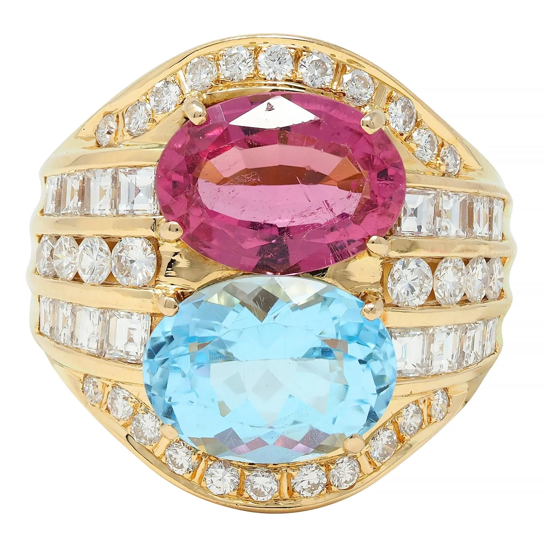 1980s 8.55 CTW Tourmaline Topaz Diamond 18 Karat Yellow Gold Vintage Cluster Ring