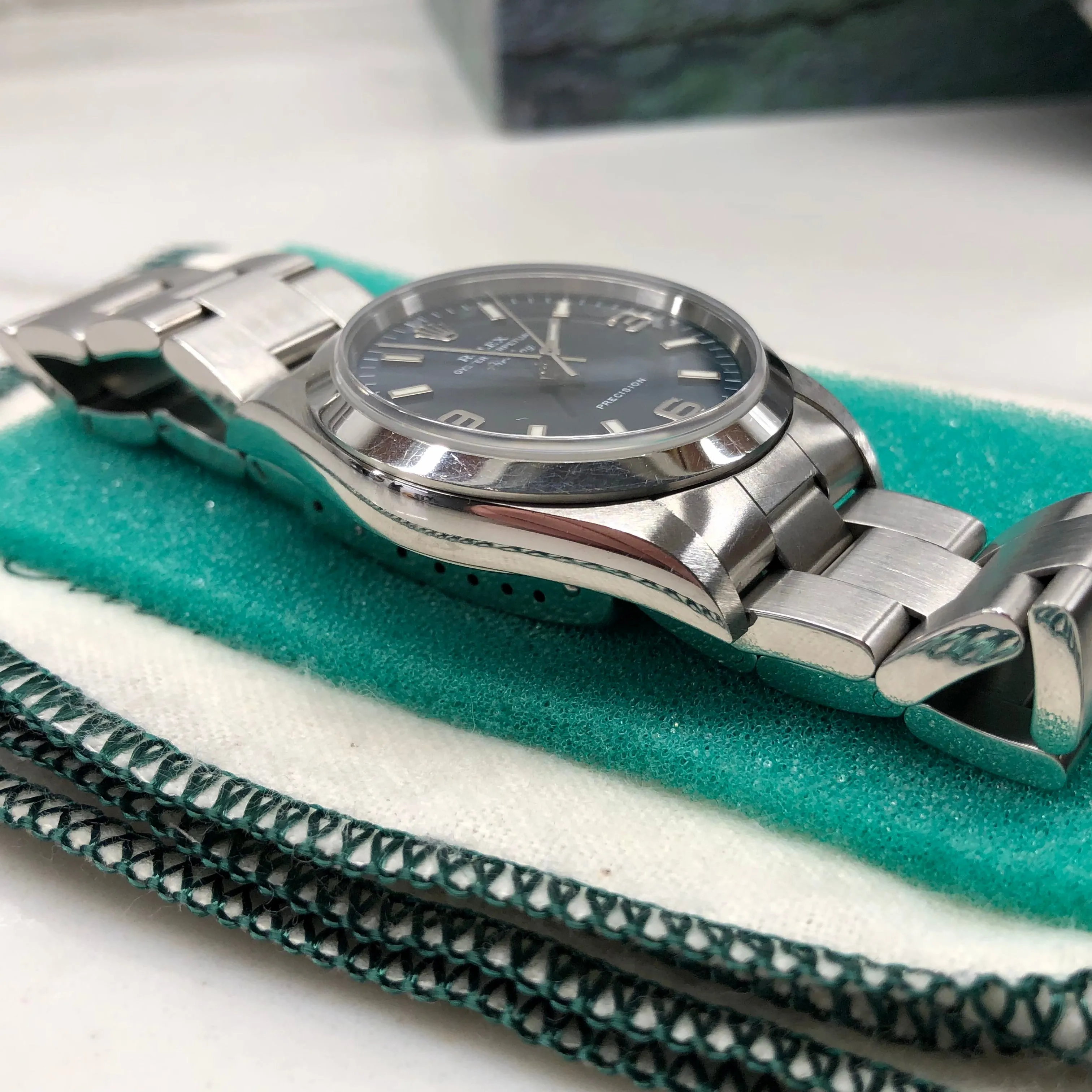 2000 Rolex Air King 14000 Blue Explorer Dial Stainless Steel Wristwatch Box Papers