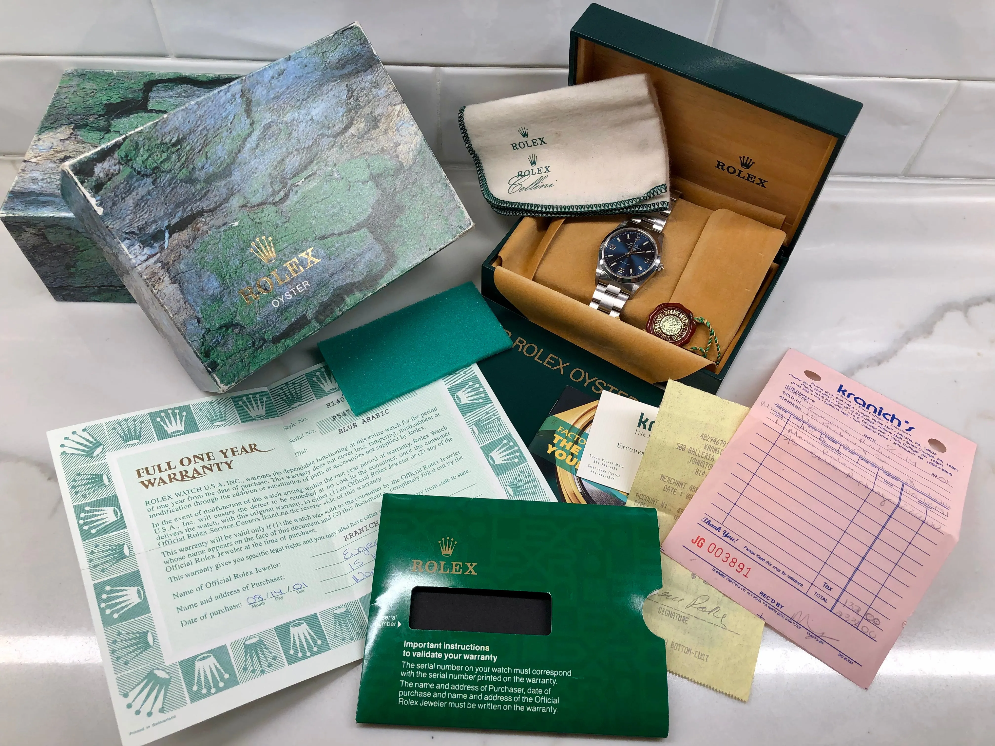 2000 Rolex Air King 14000 Blue Explorer Dial Stainless Steel Wristwatch Box Papers