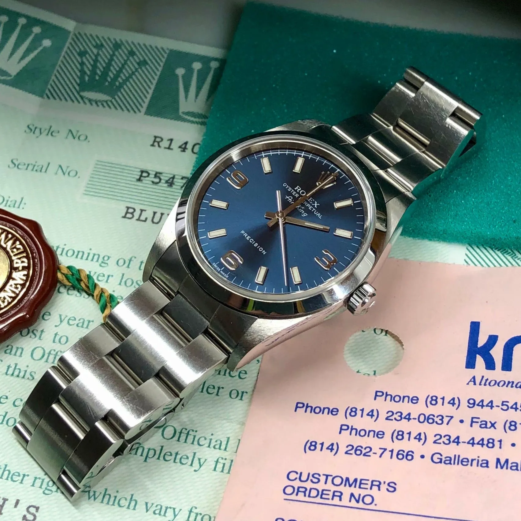 2000 Rolex Air King 14000 Blue Explorer Dial Stainless Steel Wristwatch Box Papers