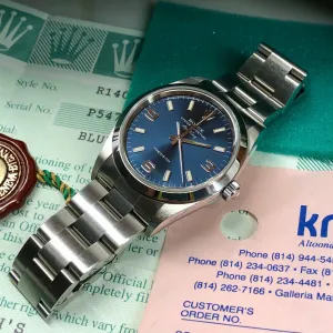 2000 Rolex Air King 14000 Blue Explorer Dial Stainless Steel Wristwatch Box Papers