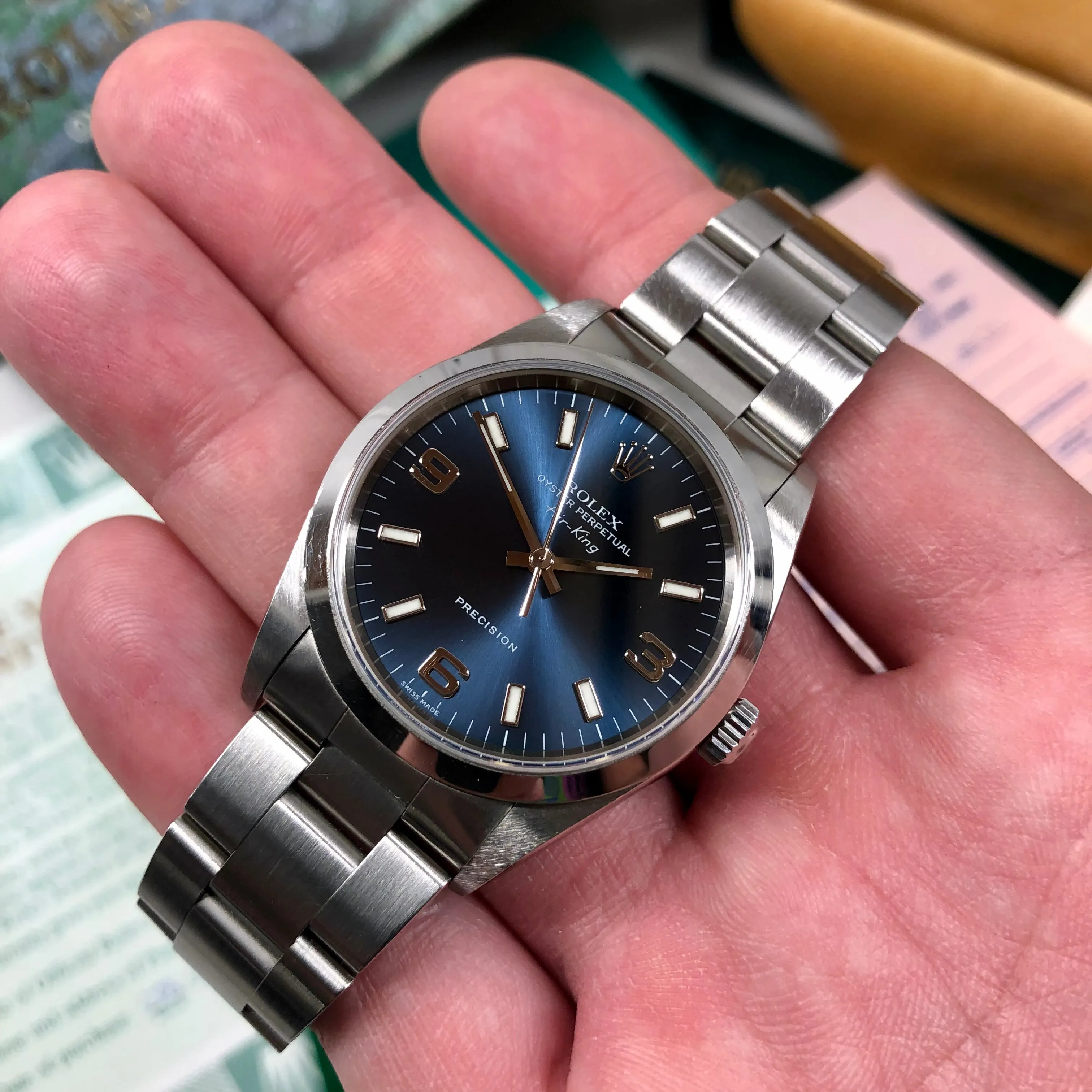 2000 Rolex Air King 14000 Blue Explorer Dial Stainless Steel Wristwatch Box Papers