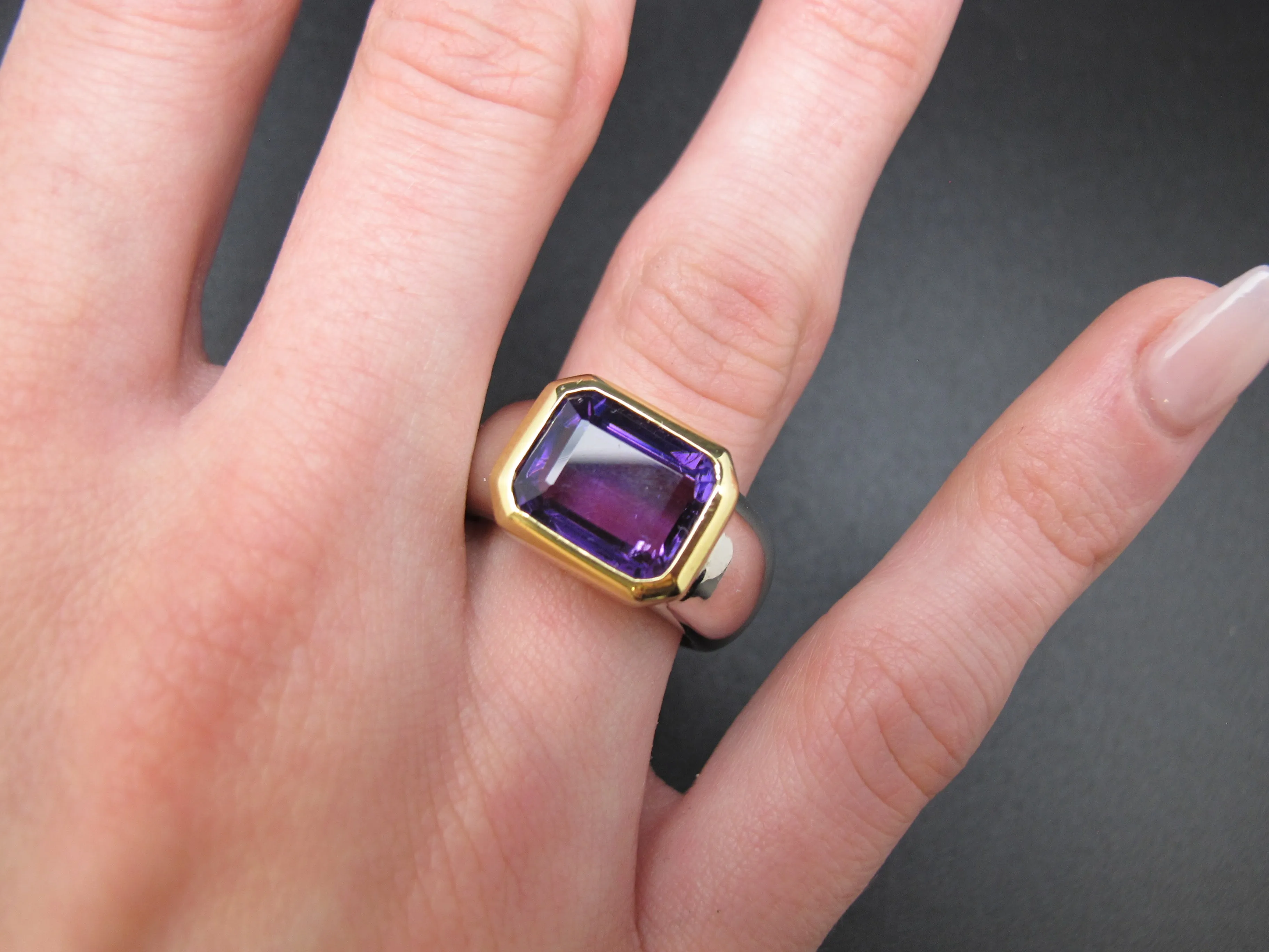 2.95 Carat Bezel Set Amethyst in Wide 18k Gold Band Ring