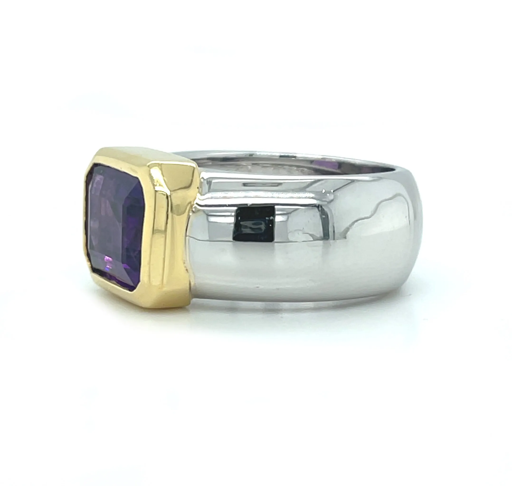 2.95 Carat Bezel Set Amethyst in Wide 18k Gold Band Ring