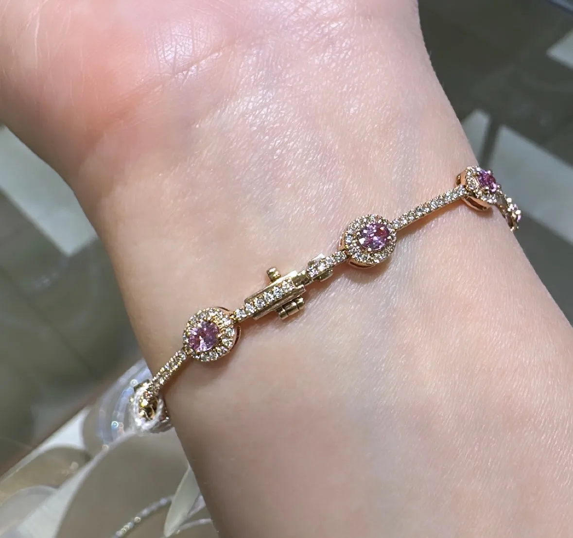 2.95ct tw Pink Sapphire and Pave Diamond Station Bracelet