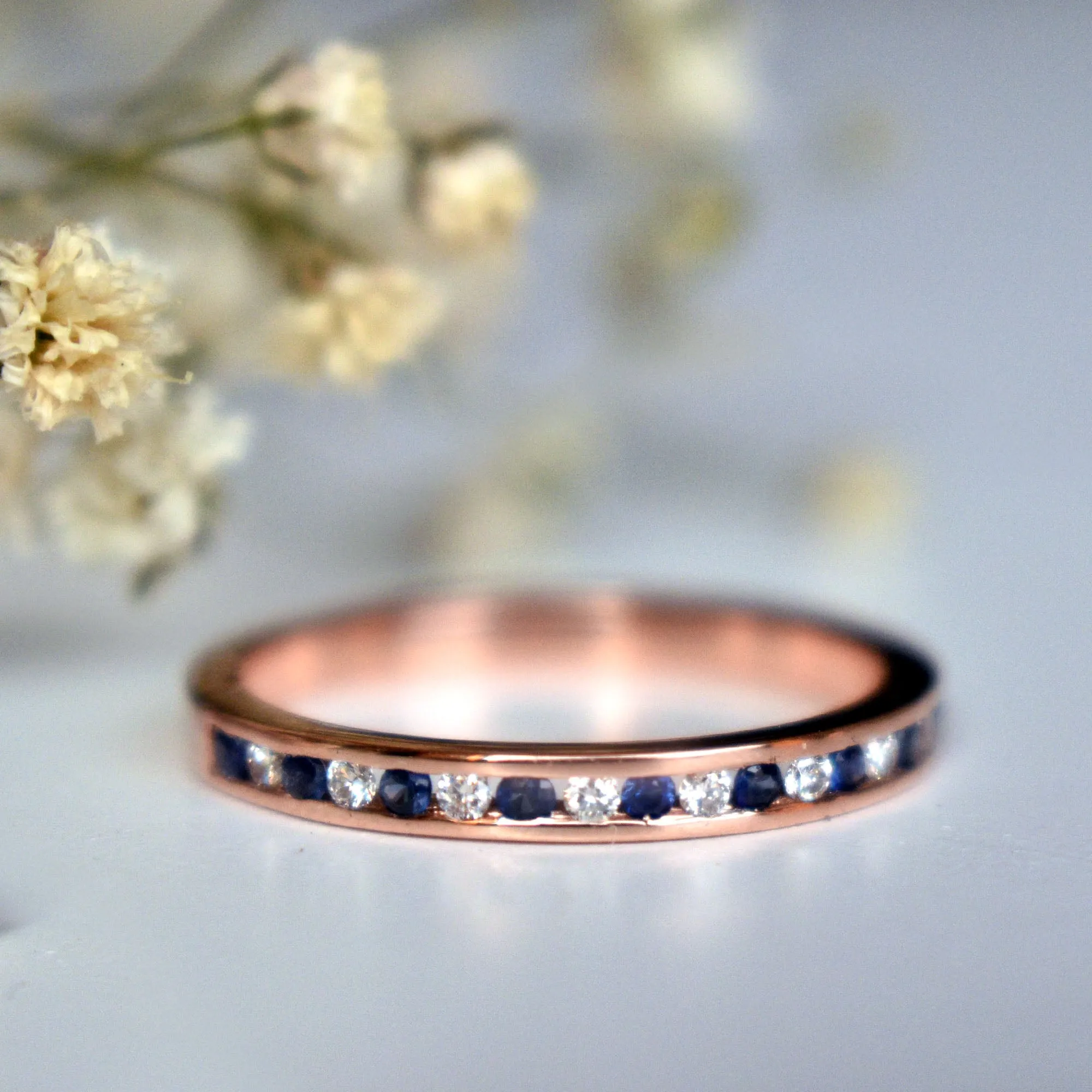 2mm Channel Set Diamond and Blue Sapphire Wedding Band