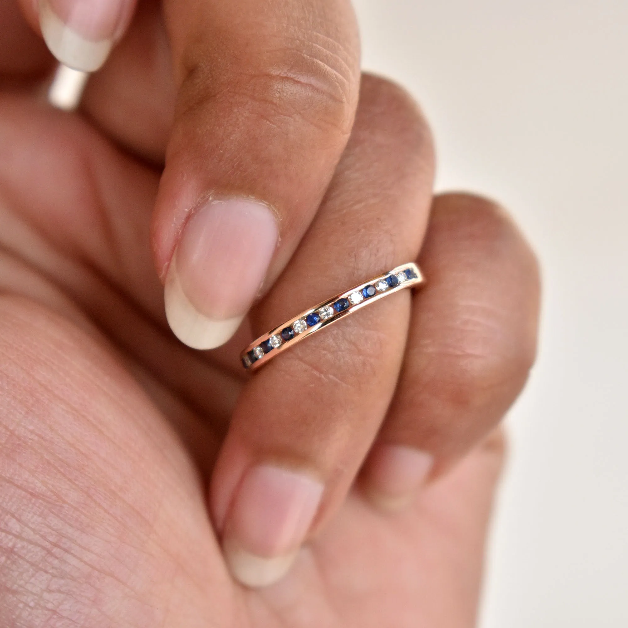 2mm Channel Set Diamond and Blue Sapphire Wedding Band