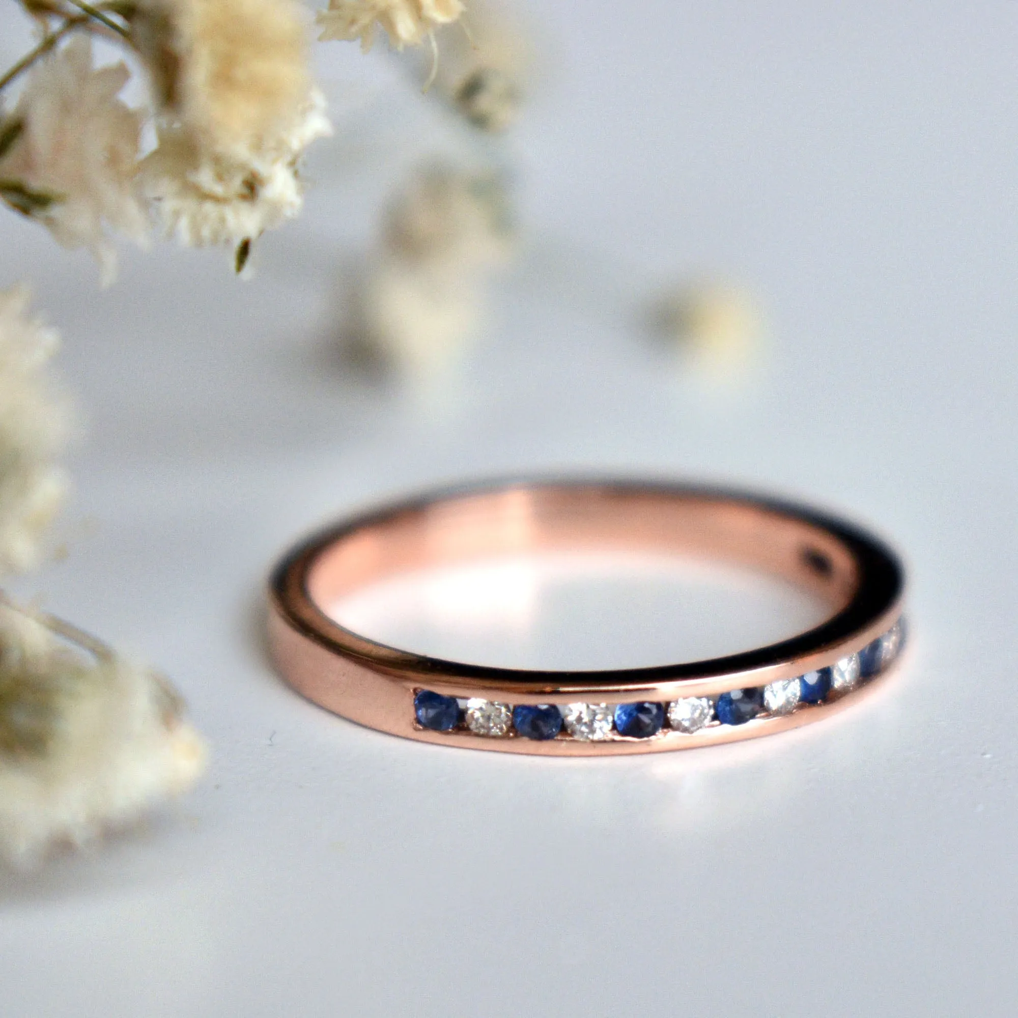 2mm Channel Set Diamond and Blue Sapphire Wedding Band