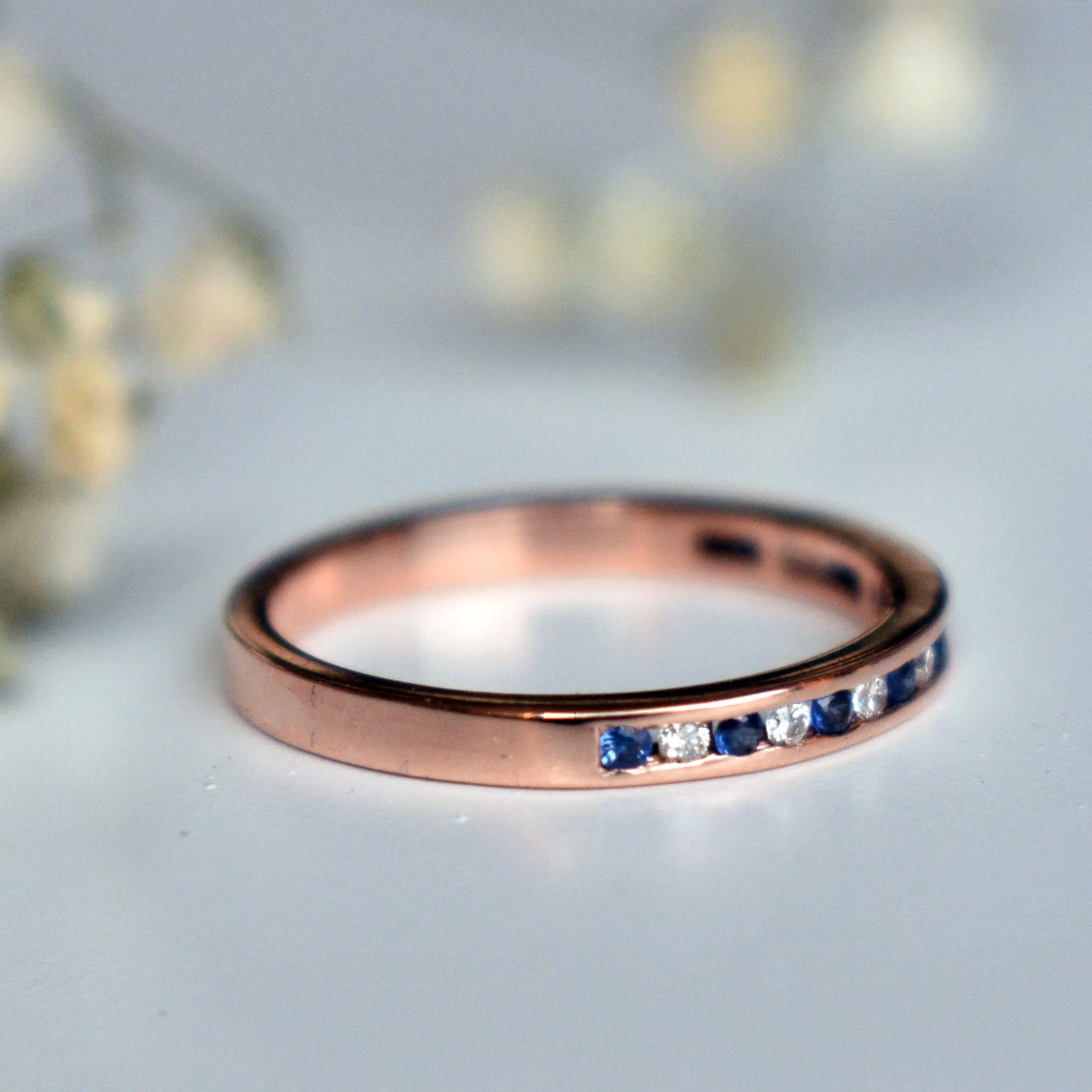 2mm Channel Set Diamond and Blue Sapphire Wedding Band