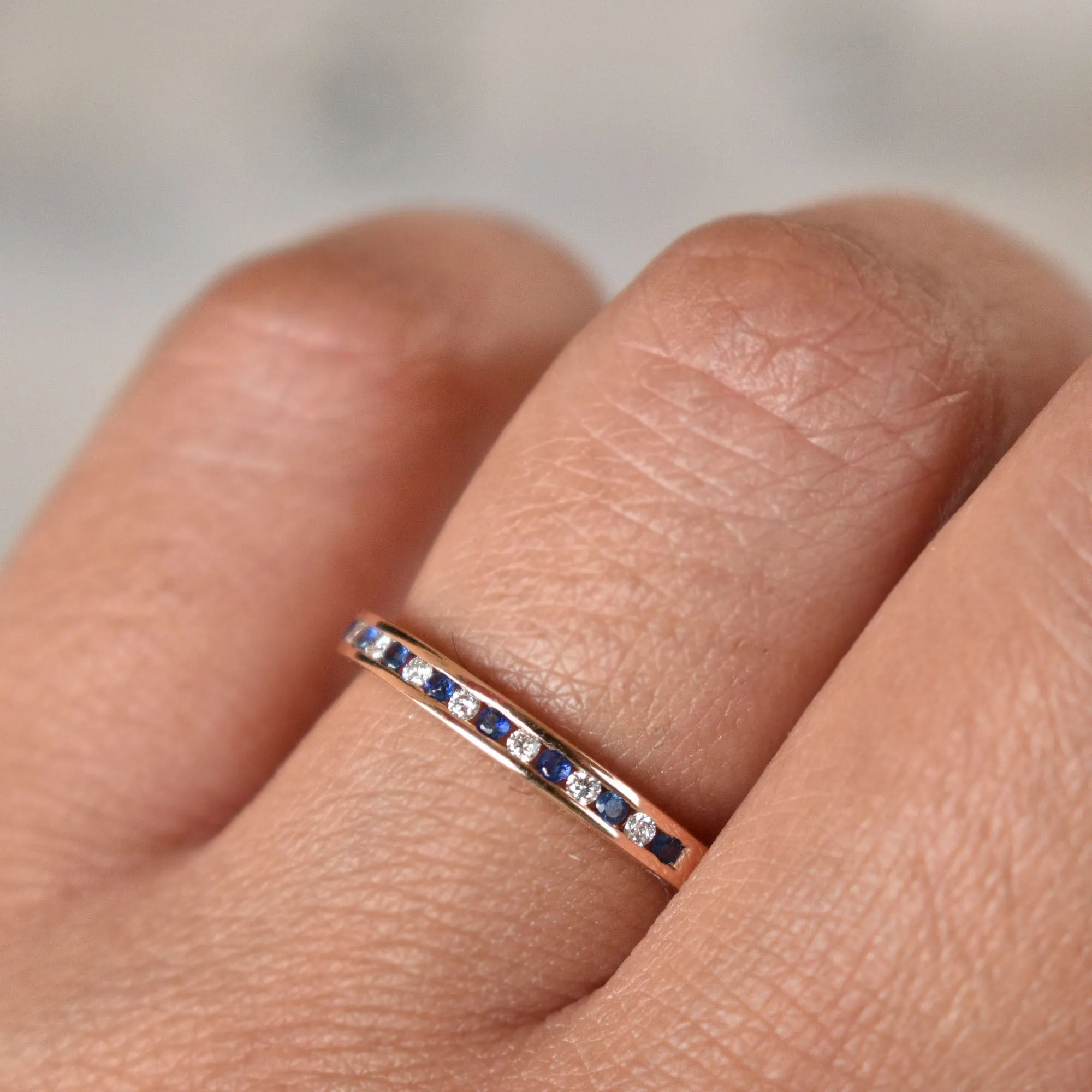 2mm Channel Set Diamond and Blue Sapphire Wedding Band