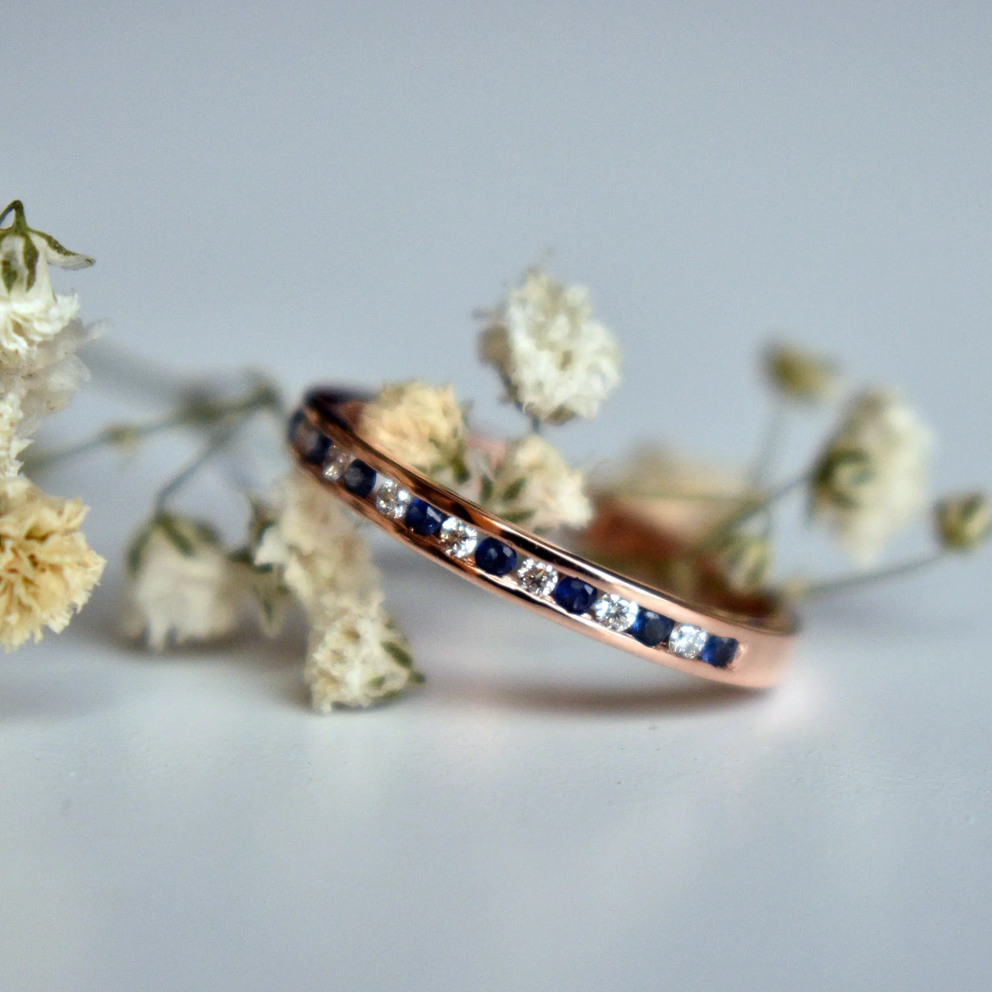 2mm Channel Set Diamond and Blue Sapphire Wedding Band