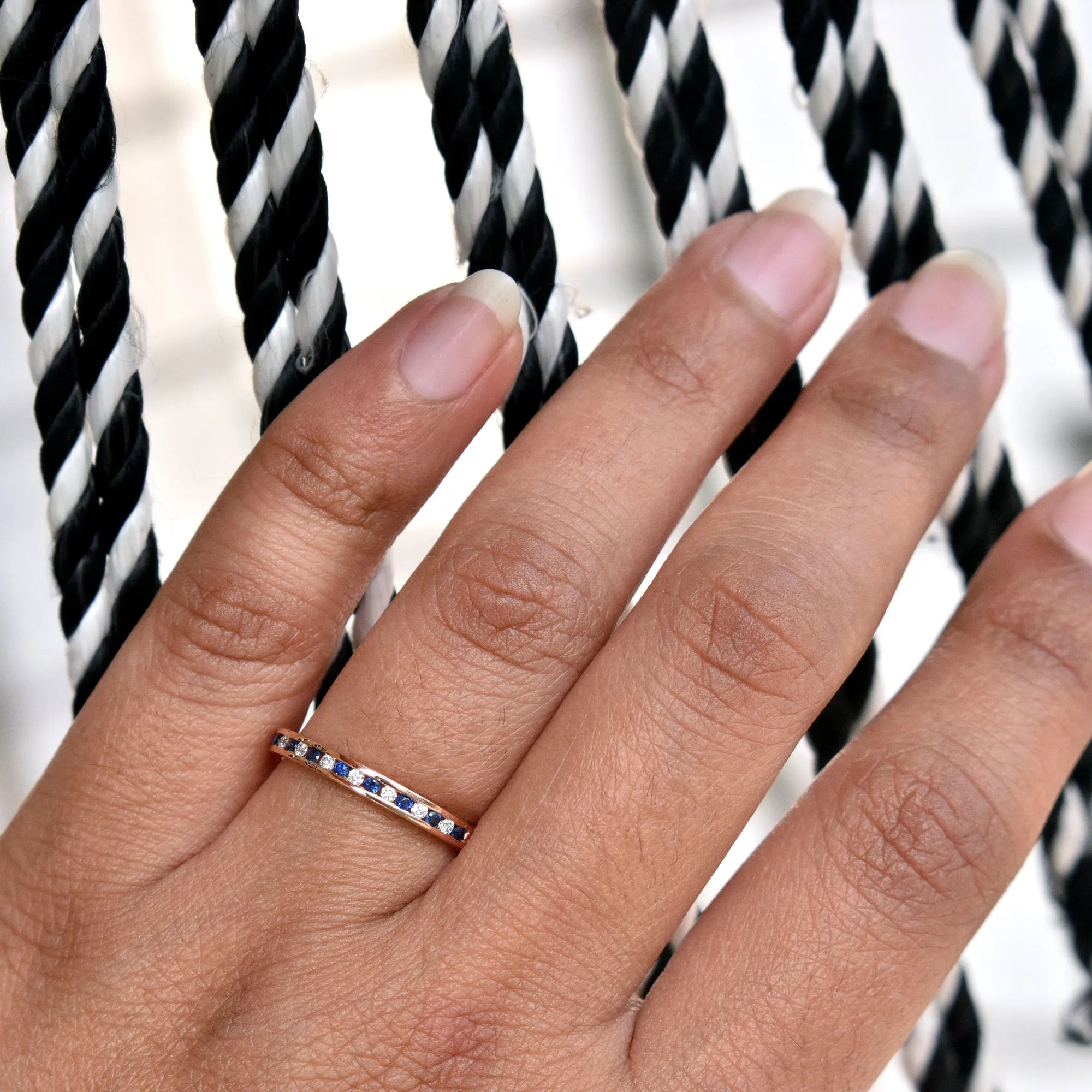 2mm Channel Set Diamond and Blue Sapphire Wedding Band