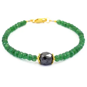 41 Cts Emerald Gemstone Beads & Black Diamond Bead Bracelet In Yellow Finish Clasp! Stunning Look & Great Shine