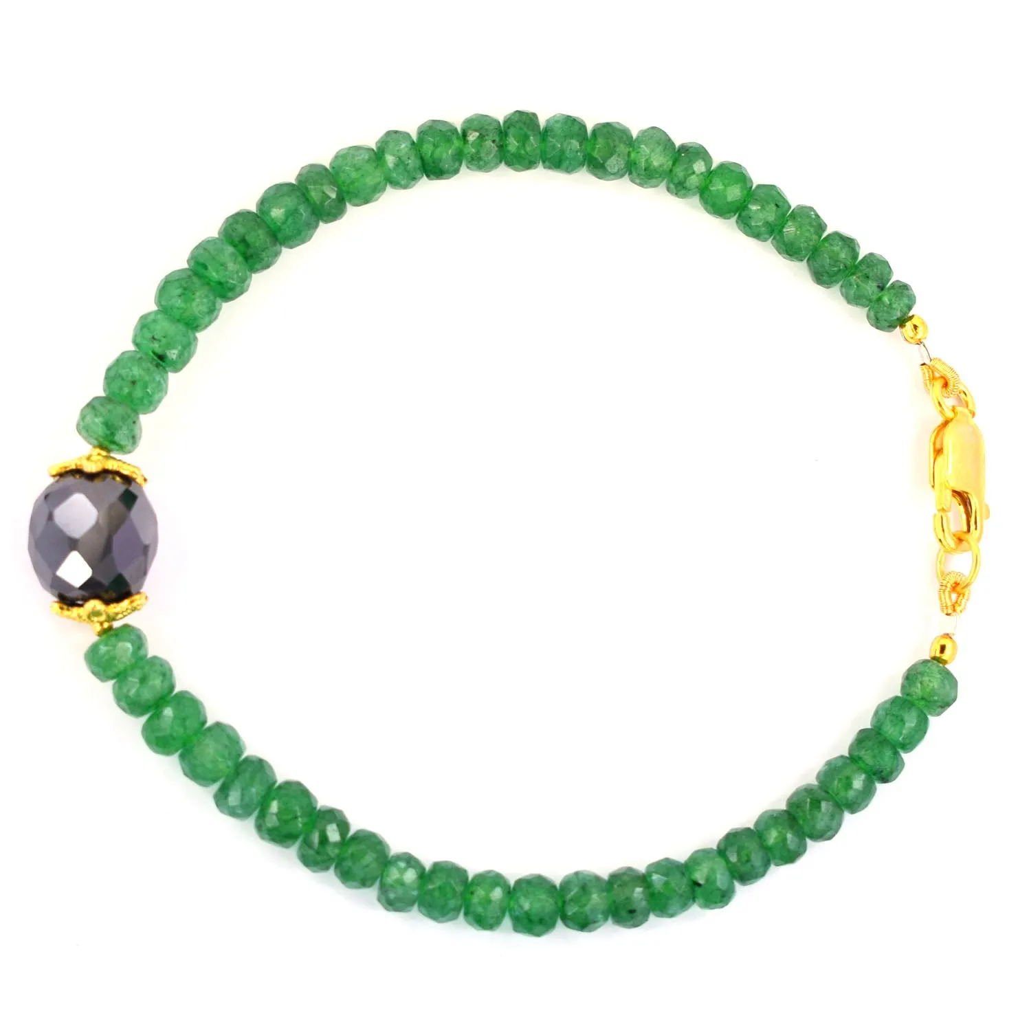 41 Cts Emerald Gemstone Beads & Black Diamond Bead Bracelet In Yellow Finish Clasp! Stunning Look & Great Shine