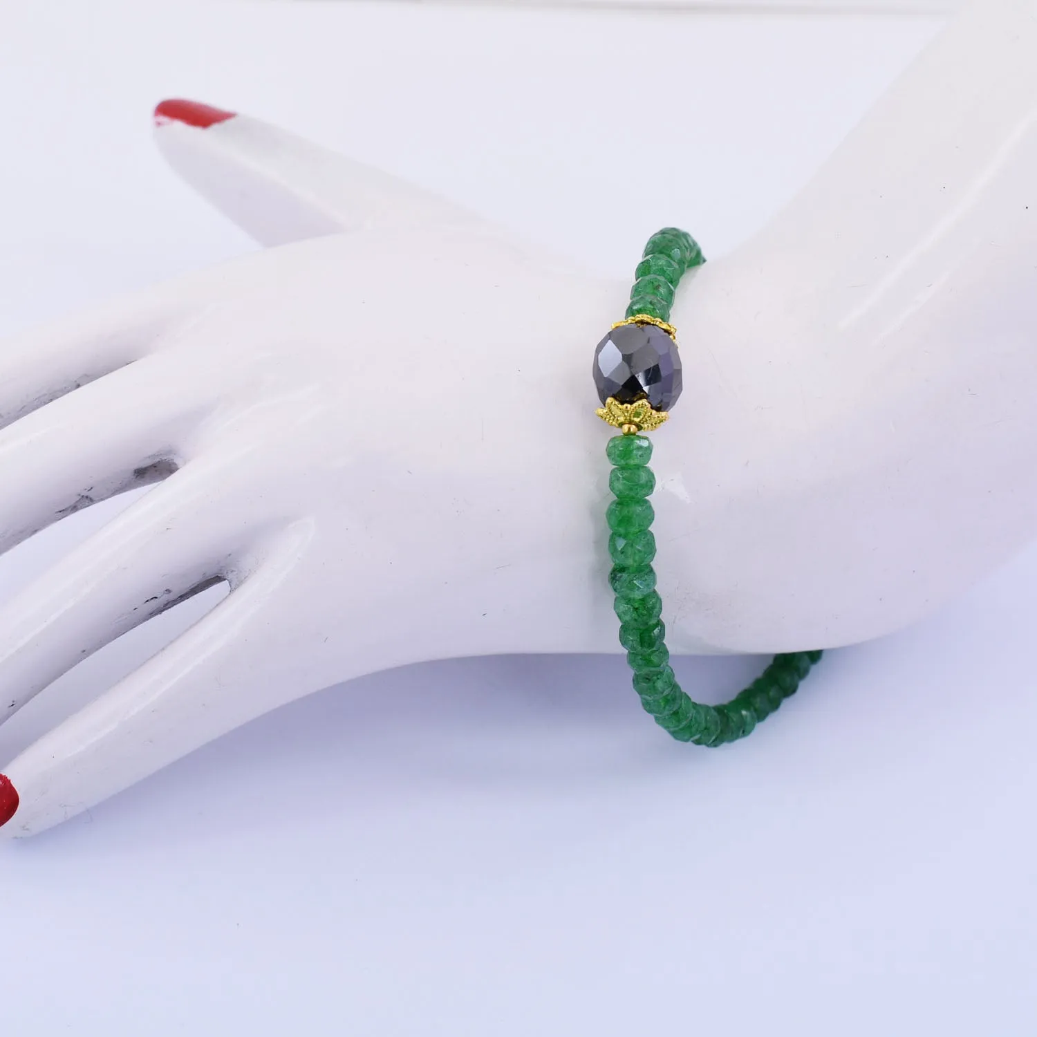41 Cts Emerald Gemstone Beads & Black Diamond Bead Bracelet In Yellow Finish Clasp! Stunning Look & Great Shine