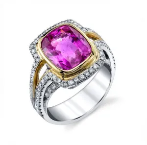 6.56 Carat Pink Sapphire GIA, Diamond White, Yellow Gold Bezel Cocktail Ring
