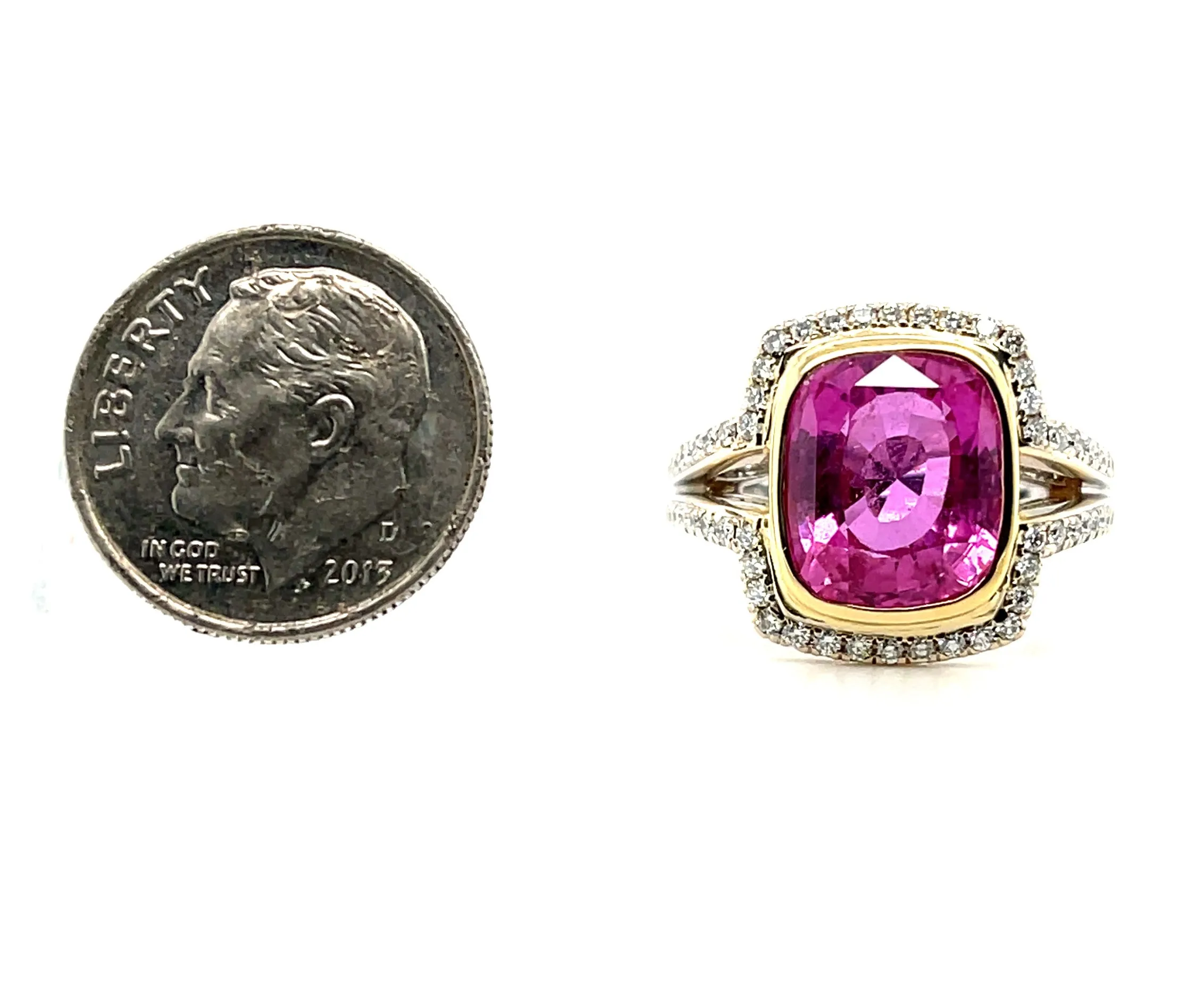 6.56 Carat Pink Sapphire GIA, Diamond White, Yellow Gold Bezel Cocktail Ring