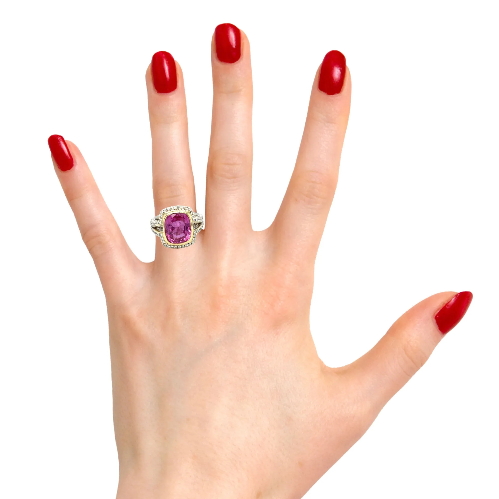 6.56 Carat Pink Sapphire GIA, Diamond White, Yellow Gold Bezel Cocktail Ring
