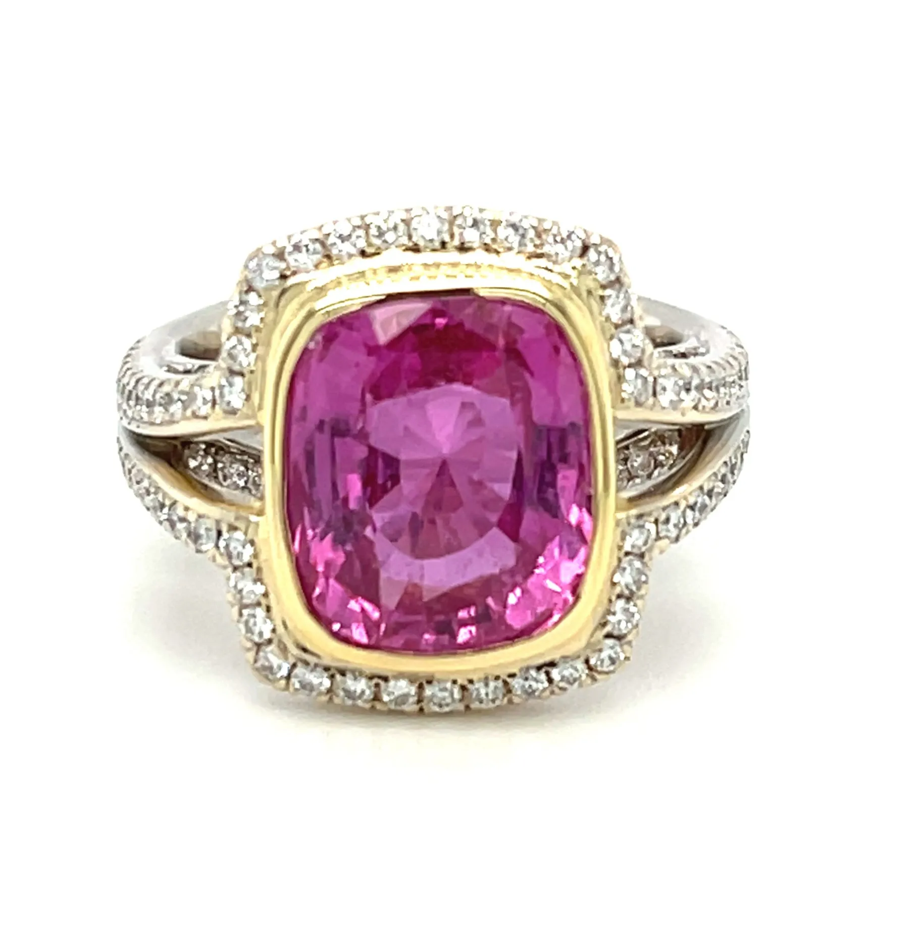 6.56 Carat Pink Sapphire GIA, Diamond White, Yellow Gold Bezel Cocktail Ring