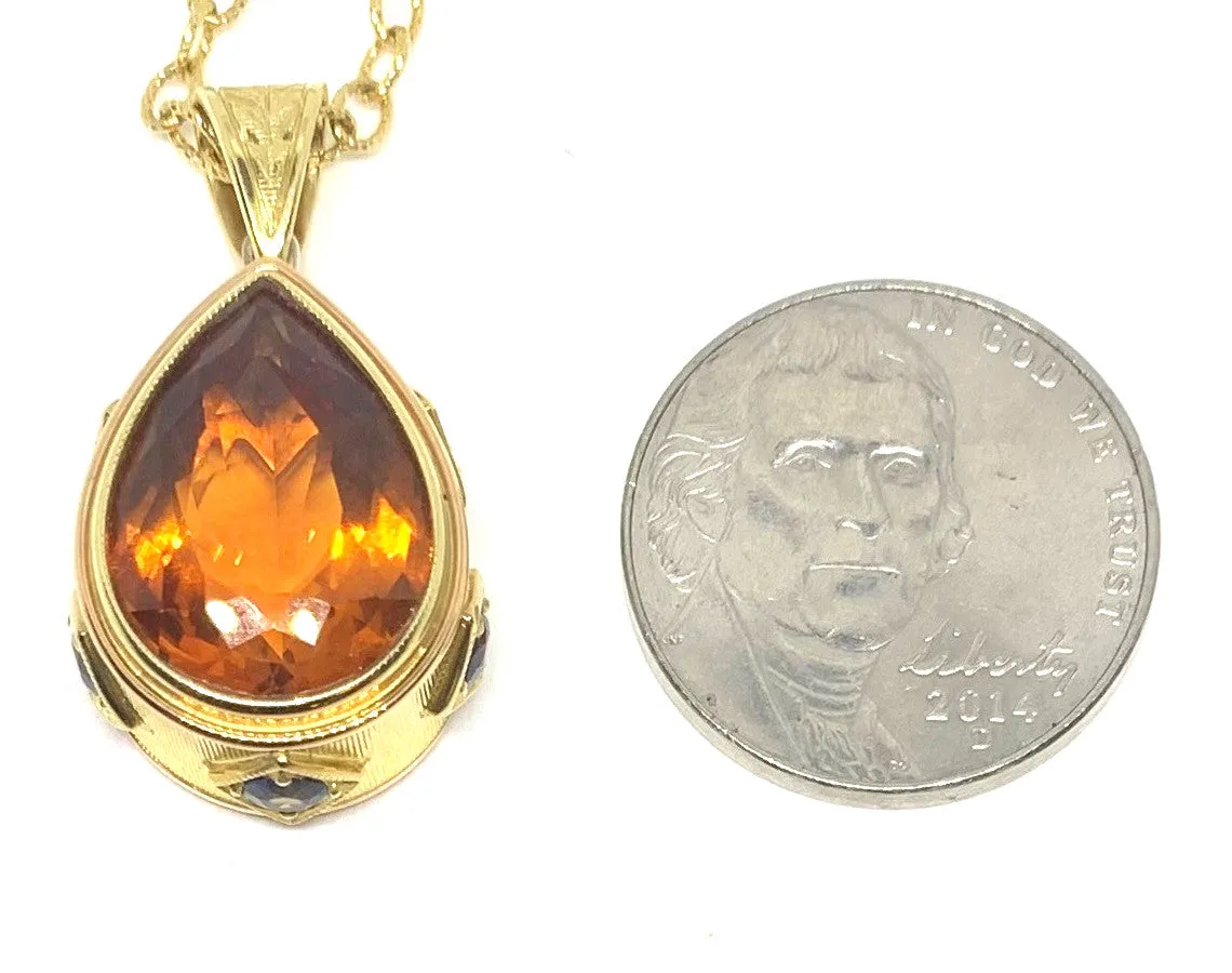 8.20 ct. Citrine Pear and Sapphire Yellow Gold Handmade Pendant Drop Necklace