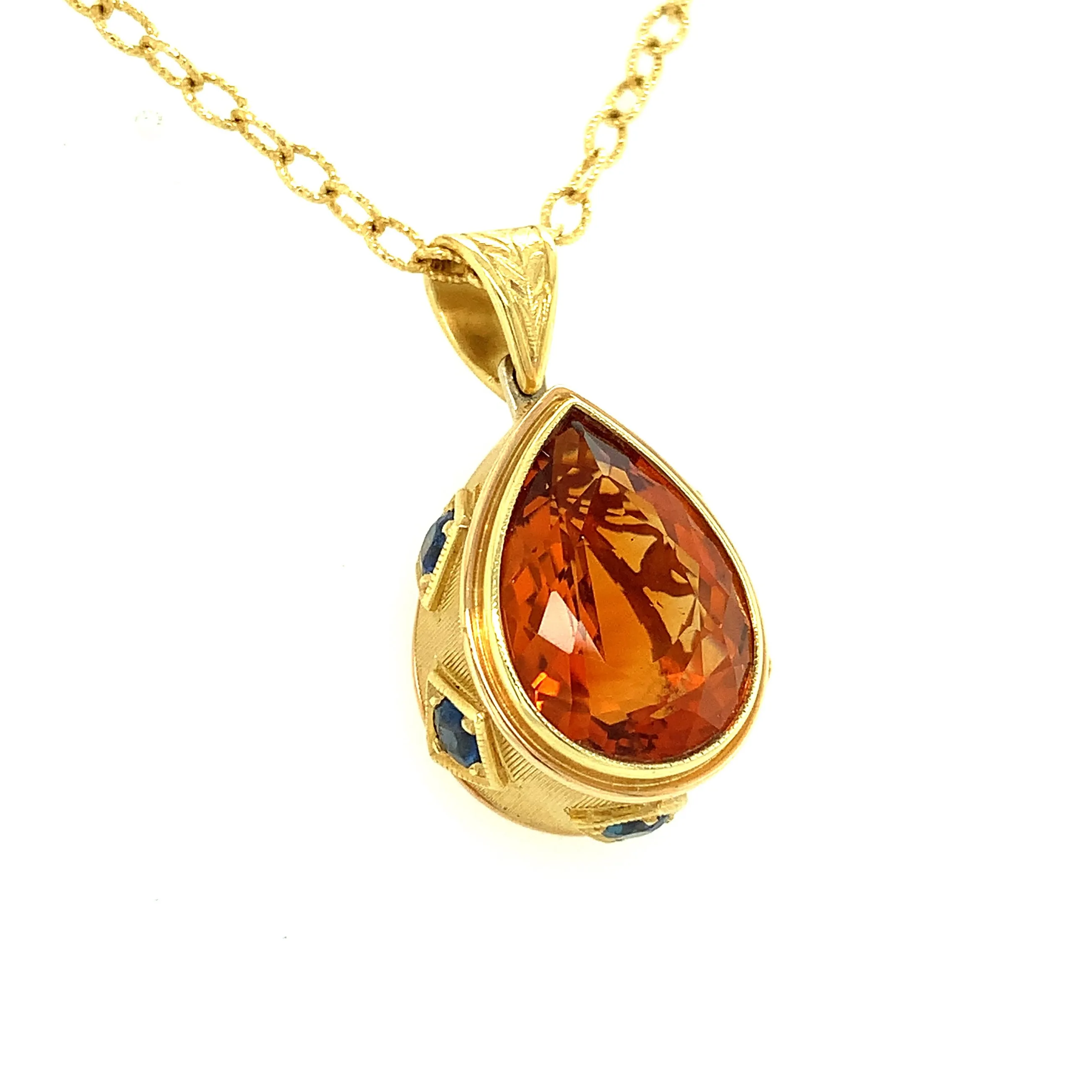 8.20 ct. Citrine Pear and Sapphire Yellow Gold Handmade Pendant Drop Necklace